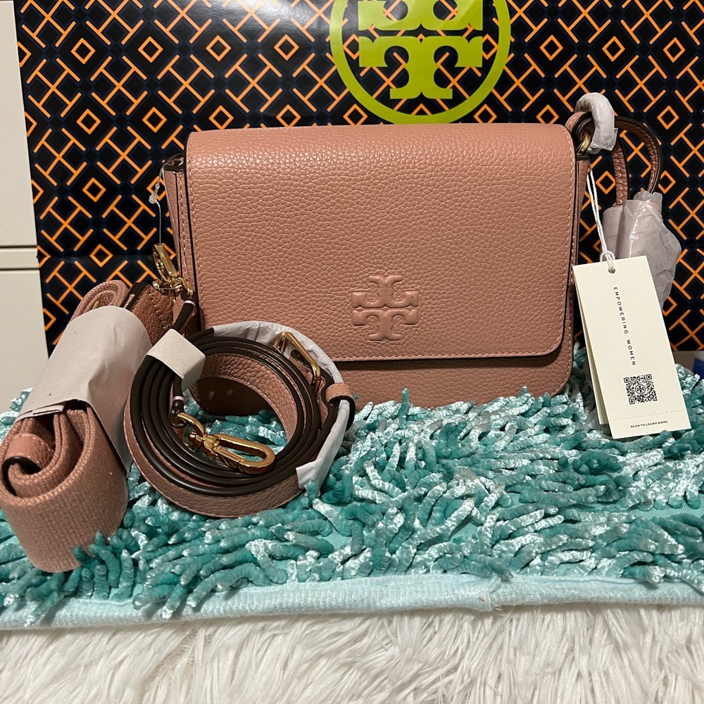 NWT Authentic Tory Burch Thea Web Flap 2 way Crossbody Pink Moon 689